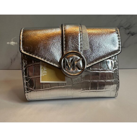 Michael Kors Carmen Silver Metallic Crocodile Embossed Leather Wallet MSRP $258 - Picture 1 of 5